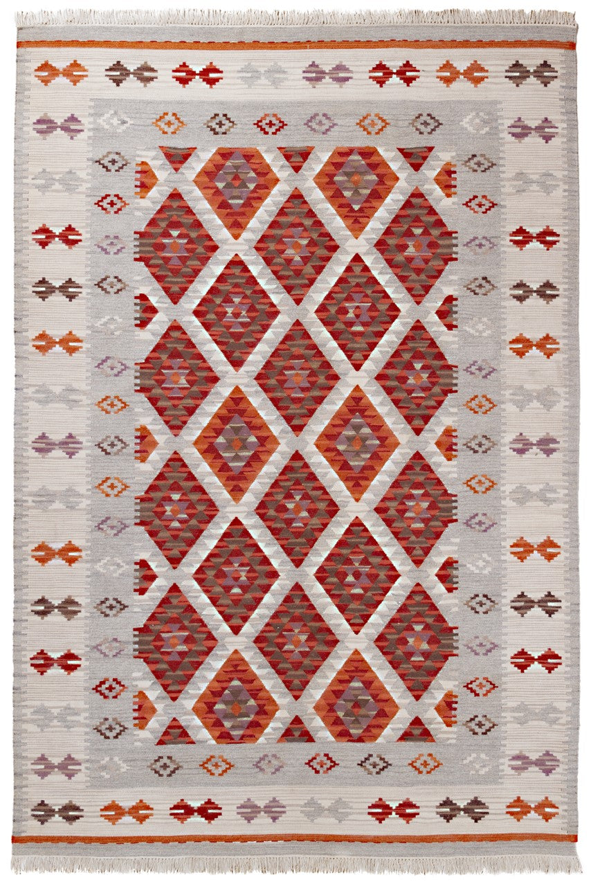 Tappeto Kilim Zagros in lana Rosso Grigio - Realizzato a mano