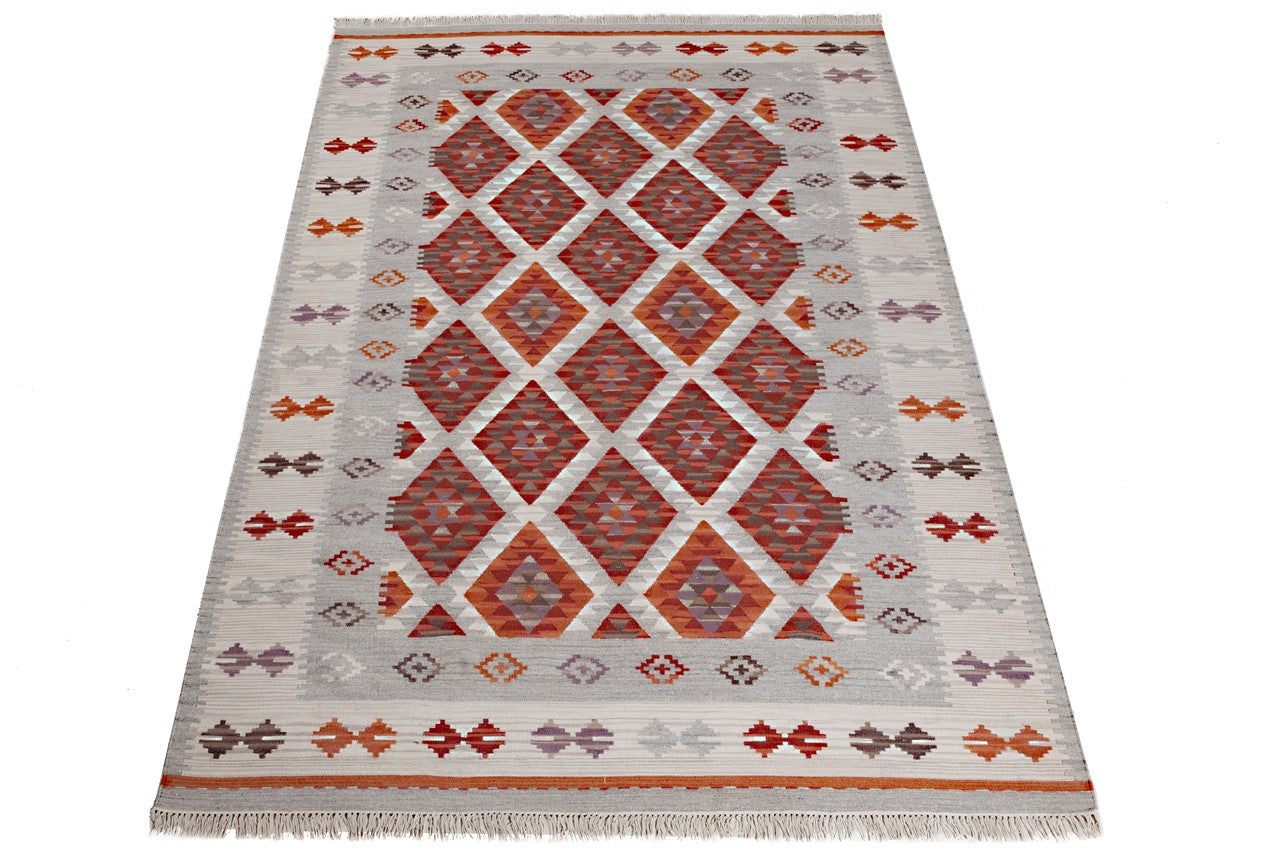 Tappeto Kilim Zagros in lana Rosso Grigio - Realizzato a mano - Image 3