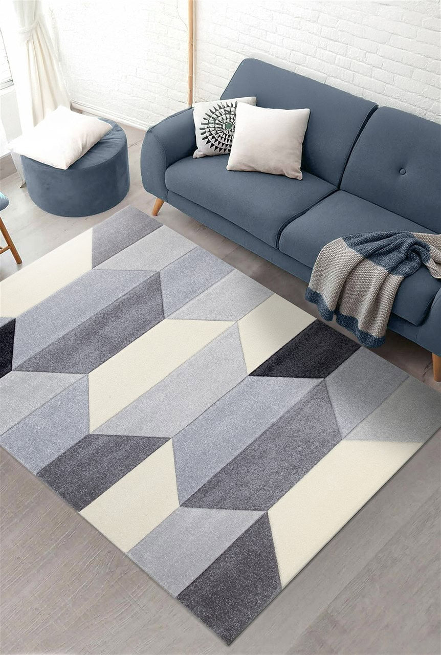 Tappeto Moderno Carve Geometrico a Blocchi - Bianco e Grigio - Antiscivolo - Ideale per Soggiorno, Camera da Letto, Sala da Pranzo - Image 2