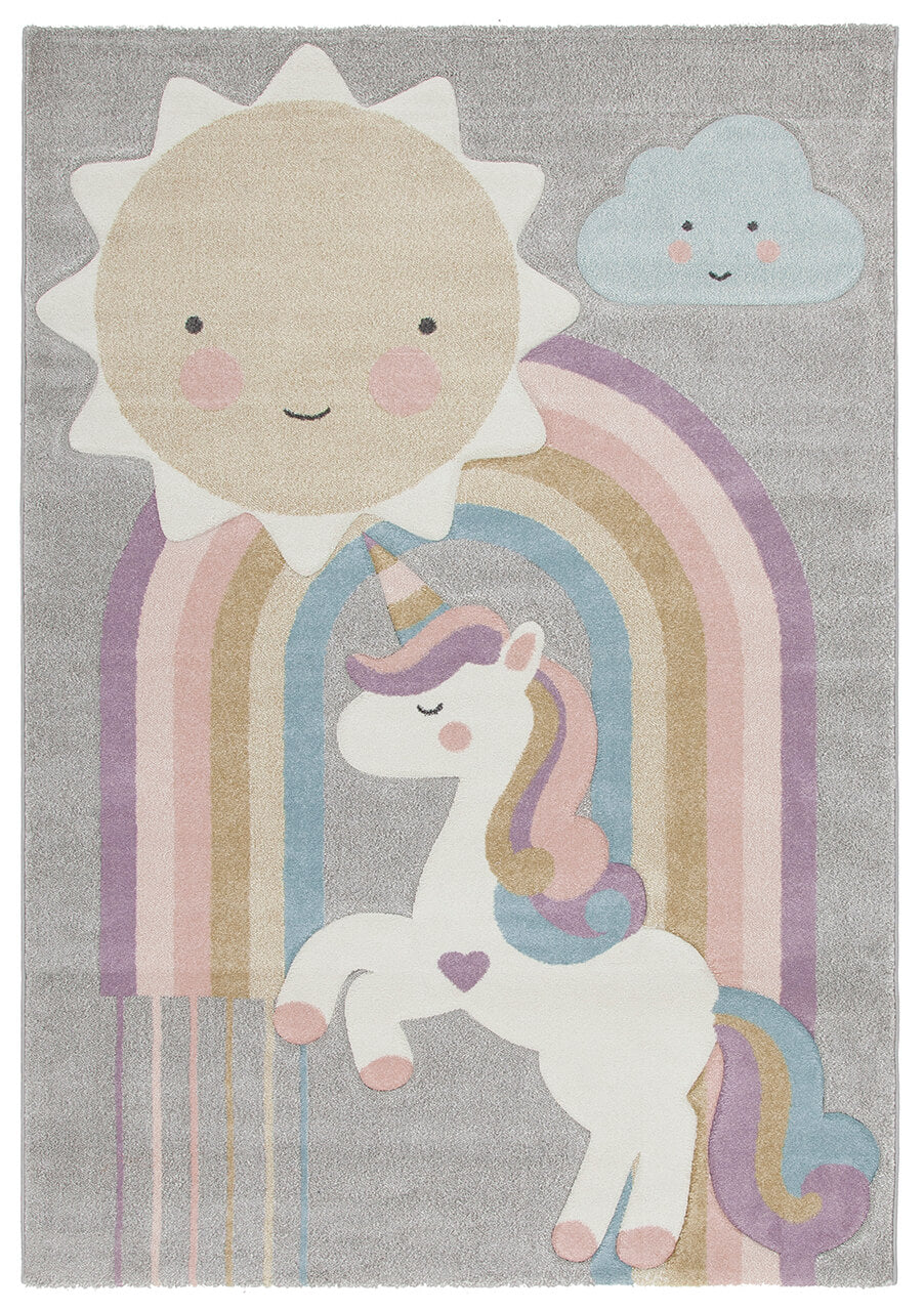Tappeto per Bambini con Unicorno - Grigio Rosa Multicolore - Tappeto sicuro e certificato.